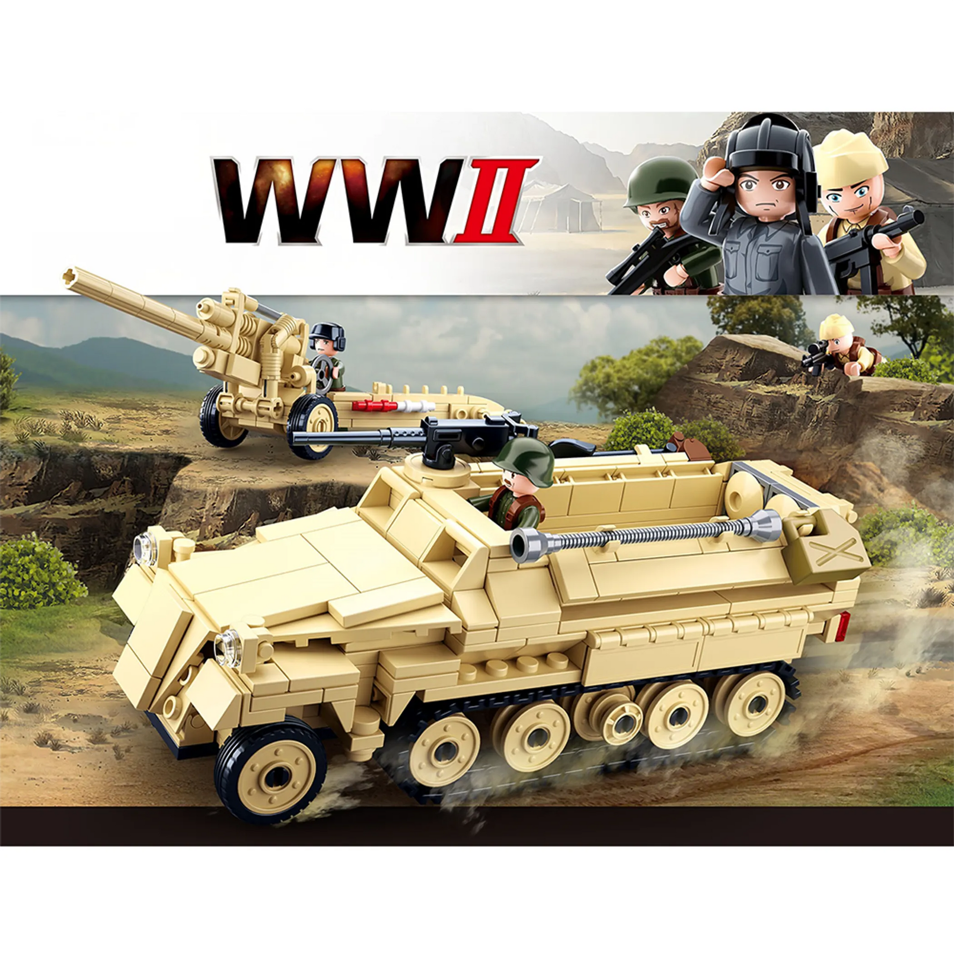 WWII SD.KFZ. 251 Half-Track & Cannon Building Brick Kit 460 Pcs - Niksstuff