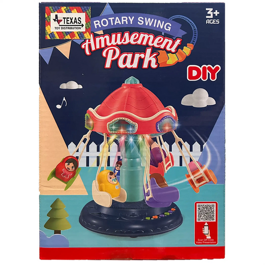 Amusement park rotary swing toy set box showing red swing ride with lights and music