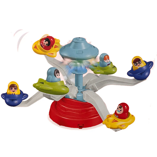 Rotating airplane amusement park toy, red base with blue tower and four character riders