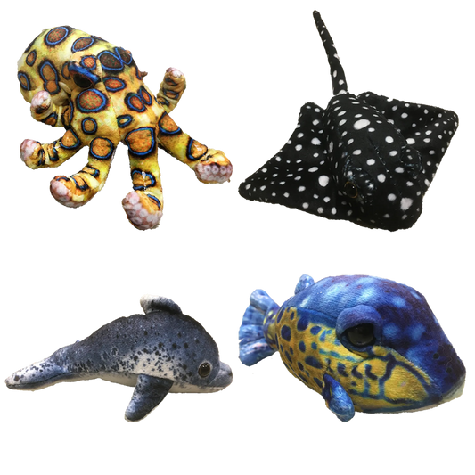 Ocean Animal Plush Assortment | 5" | Set of 4 | Octopus, Manta Ray, Box Fish & Dolphin