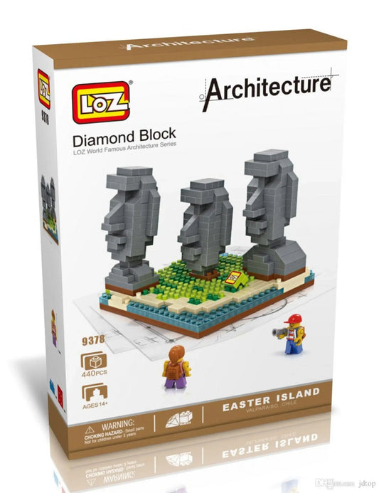LOZ Diamond Block Architecture Easter Island build set box with gray Moai figures
