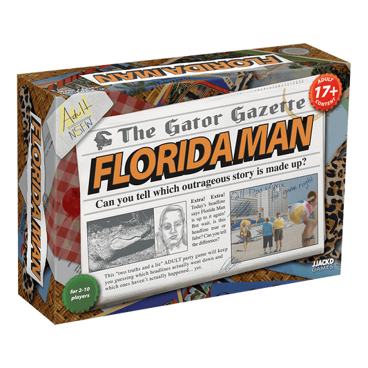 Florida Man board game box with “The Gator Gazette” headline and 17+ badge