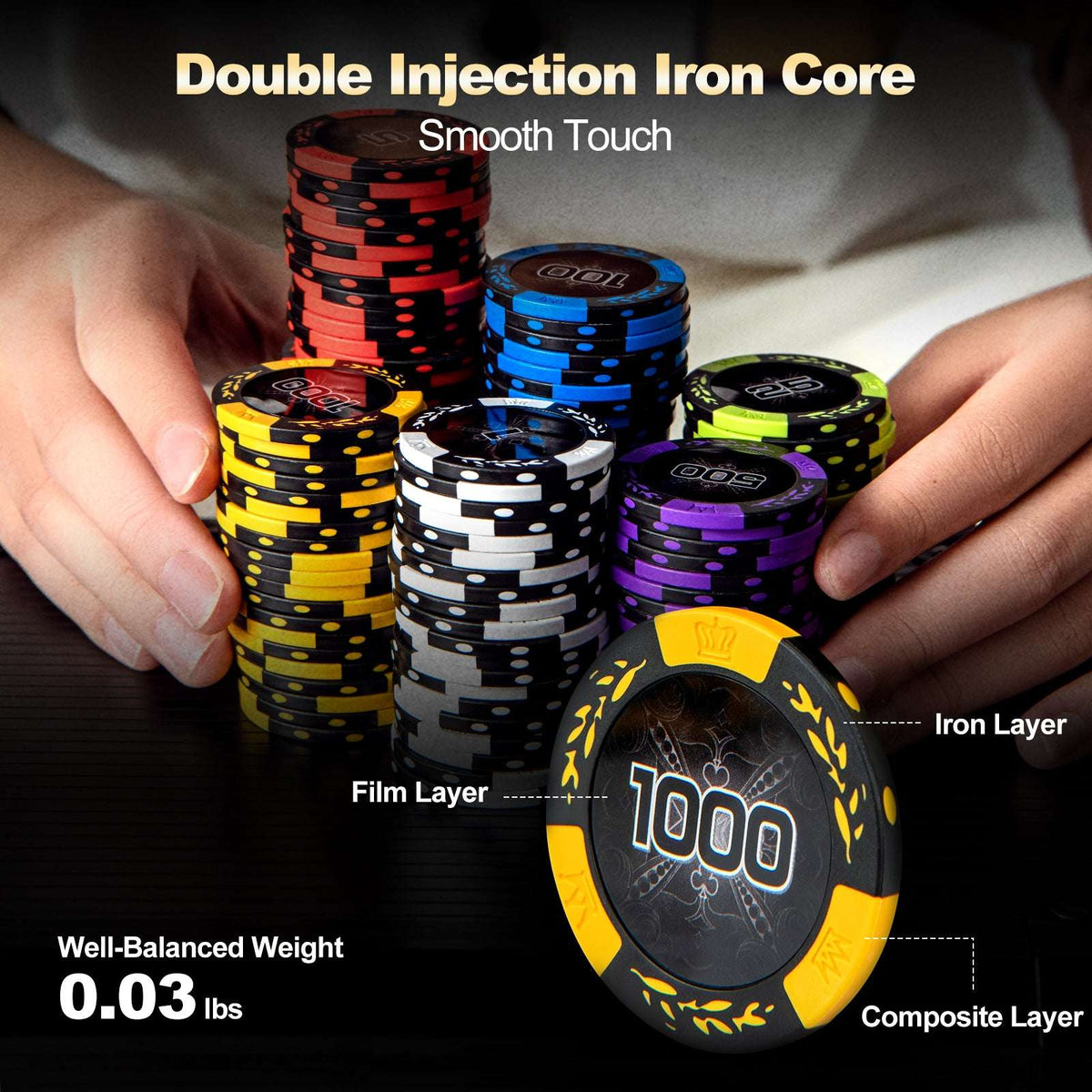 Poker chip set with mixed-color chip stacks, held in hands