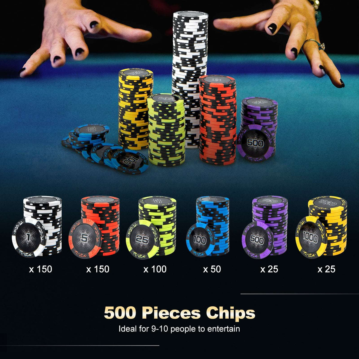 Poker chip set with stacked chips and dice, held above a felt table