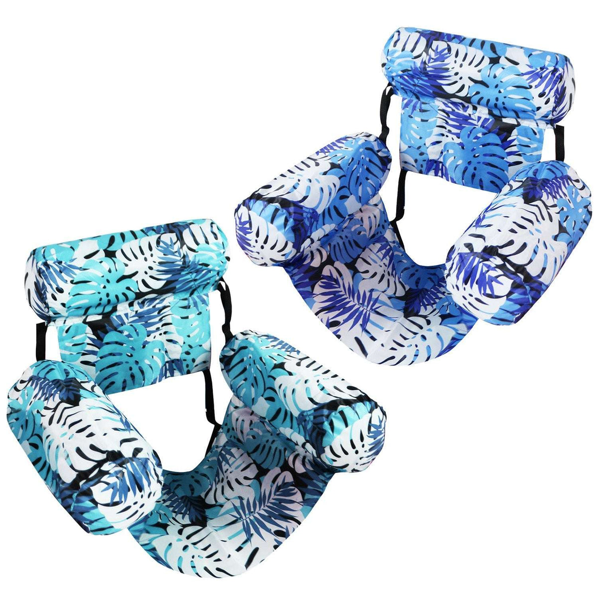Two-pack inflatable pool hammock floats, light/dark blue leaf pattern, PVC lounger style