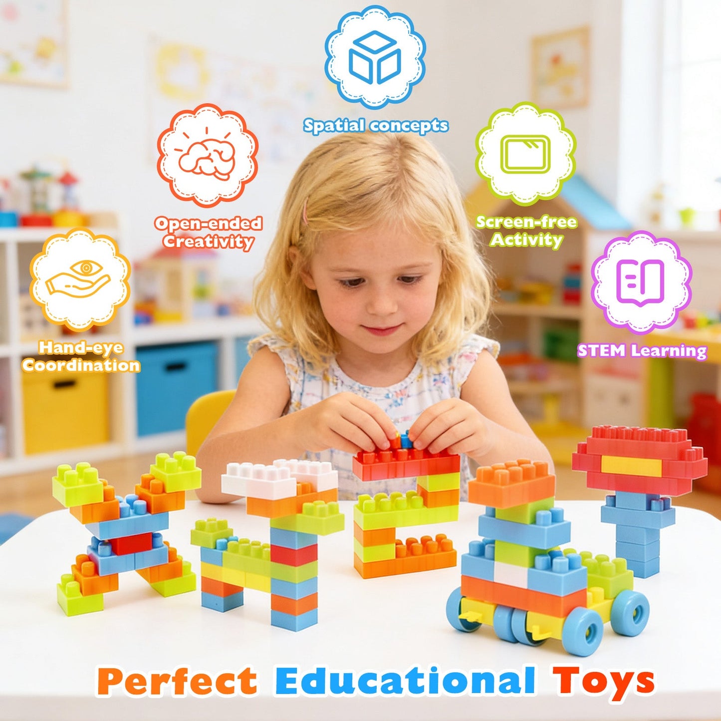 150-Piece Toddler Building Blocks | STEM & Montessori | Wheel Packs Included | ASTM & CPSIA | Ages 3+