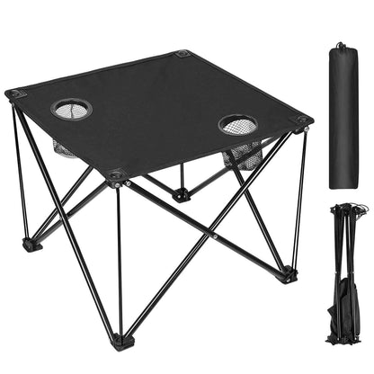 Foldable Camping Table – 600D Oxford Fabric, 44 lb Capacity | Cup Holder & Carry Bag | Camping, Picnic & Beach | Black