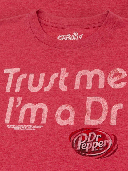 Red heather T-shirt front close-up with “Trust me, I’m a Dr” print and Dr Pepper logo