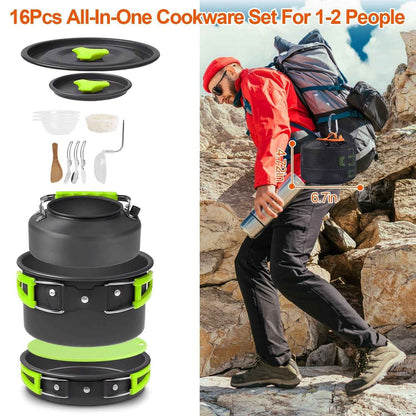 16-Piece Camping Cookware Set – Anodized Aluminum Pot, Pan, Kettle, Utensils, Bowls & Cutting Board | 2 Storage Bags
