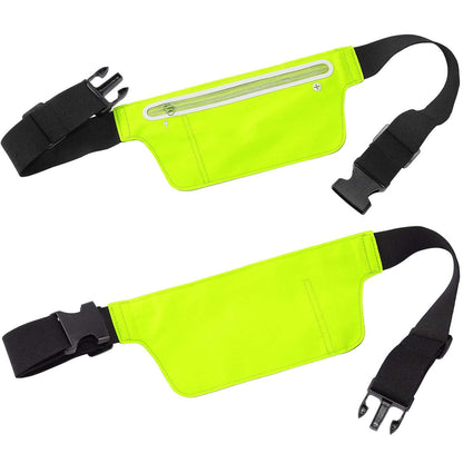 Neon green waist pack with black adjustable straps and two front zipper pockets