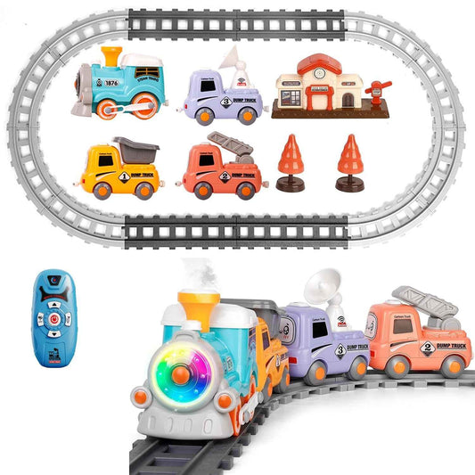 Remote control electric train set with multiple trucks, toy track, and lighted steam engine