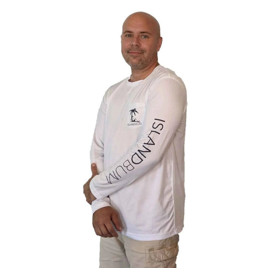 Island Bum UPF 50+ Men's Performance Long Sleeve Shirt | Chest Pocket | Moisture-Wicking | White & Navy