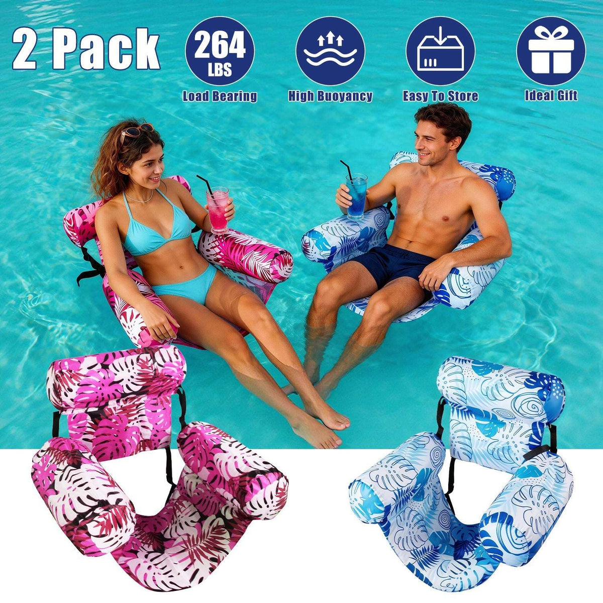 U-shaped inflatable hammock float pair with blue swirl and pink zebra-leaf print