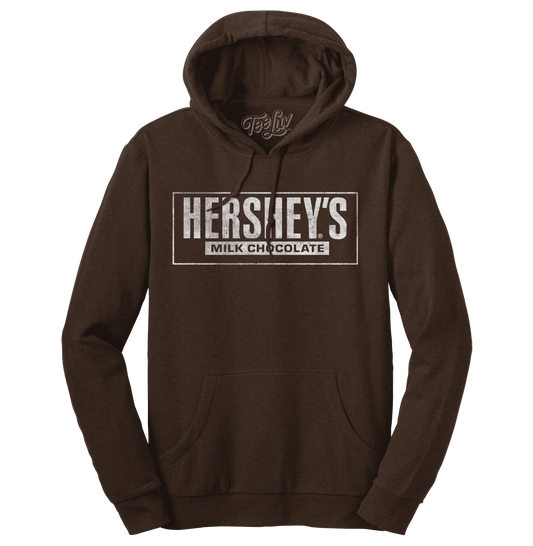 Brown pullover hoodie with Hershey's Milk Chocolate logo print and front kangaroo pocket