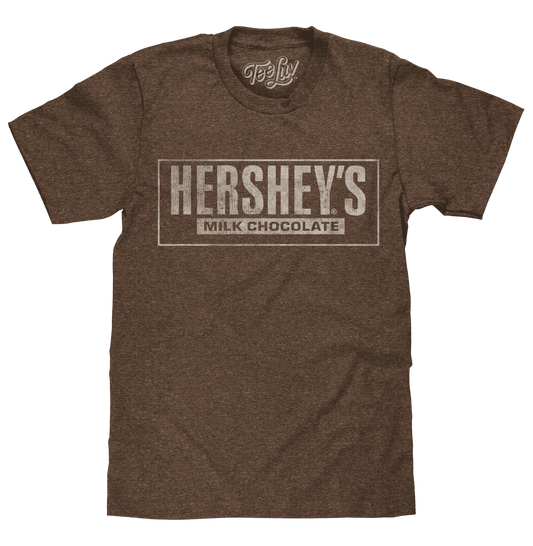 Brown heather distressed logo T-shirt with Hershey's Milk Chocolate front graphic