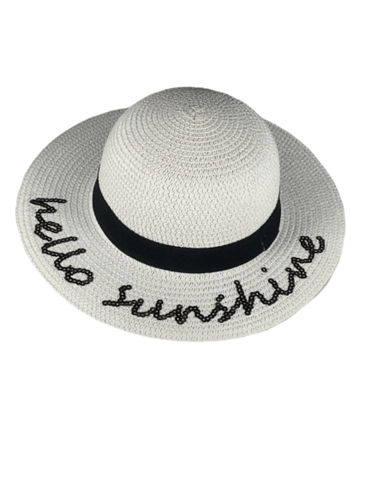 Kids white crocheted sun hat with black trim and sequin 'hello sunshine' lettering