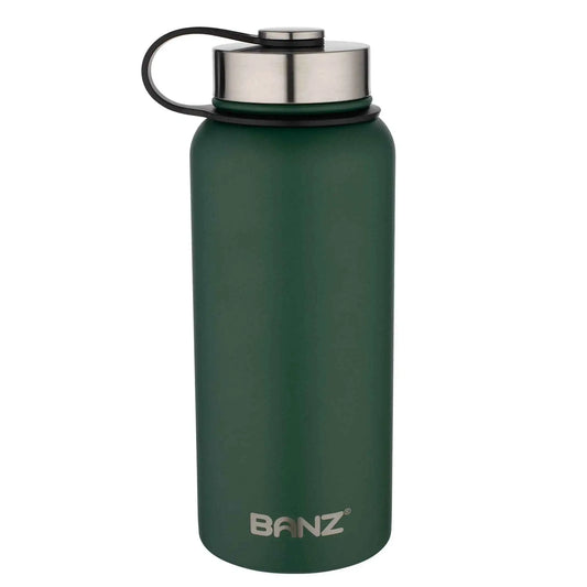 Dark green insulated stainless steel water bottle with silver flip lid and carry handle