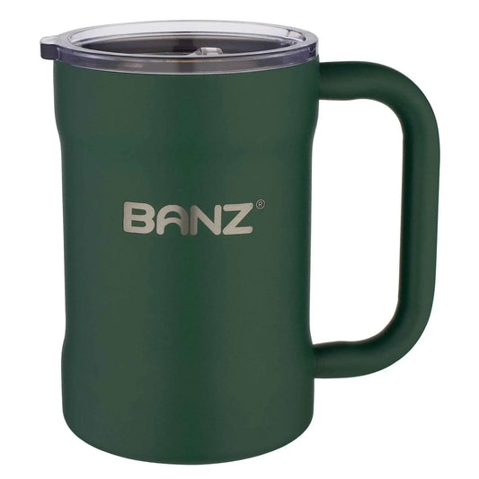 Dark green BANZ travel mug with clear lid and curved handle, front logo