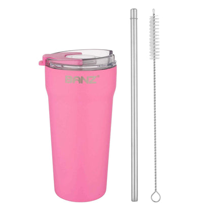 BANZ Stainless Steel Travel Cup – 14 or 18 oz, Flip Lid & Straw