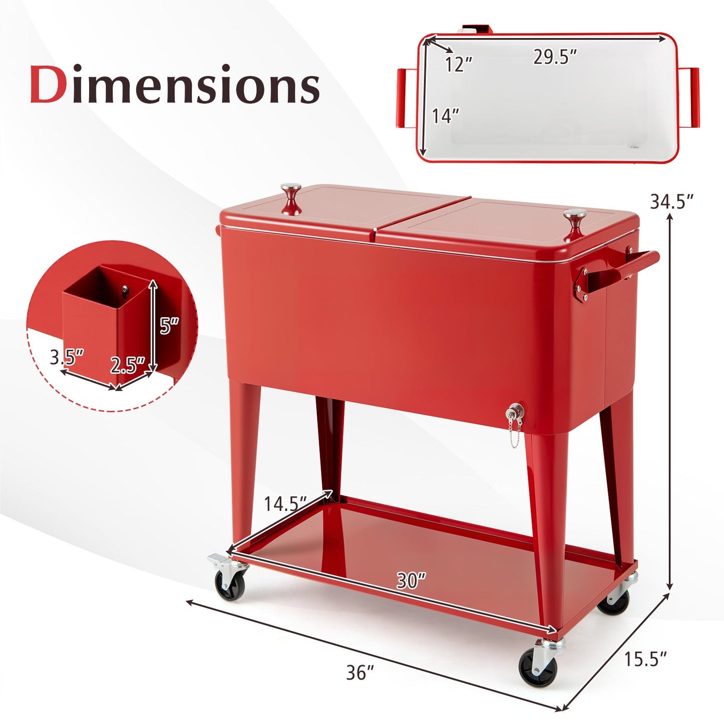 Portable Patio Cooler | 80 Qt | 48-Hour Cold Retention | Wheels, Shelf & Bottle Opener | Gray or Red