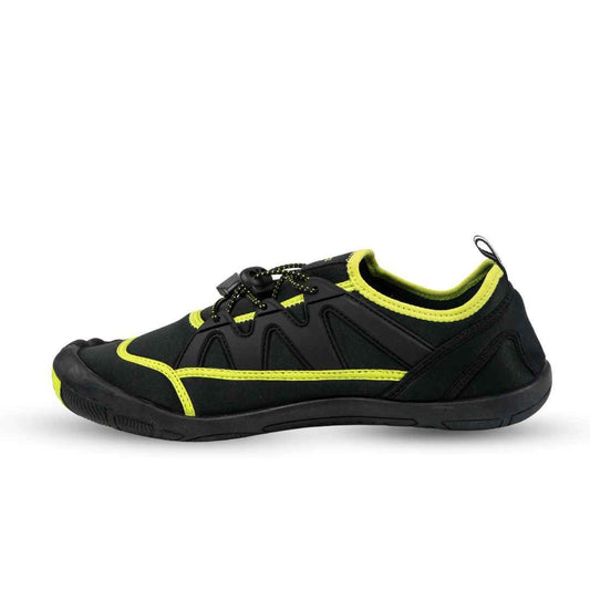 Black water shoes with lime accents, bungee lace closure, slip-on aqua design