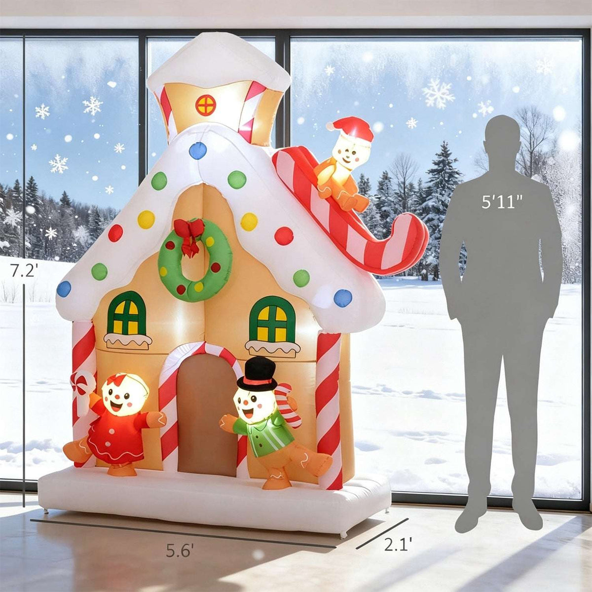 Inflatable gingerbread house decoration shown beside a height scale, with candy details and figures