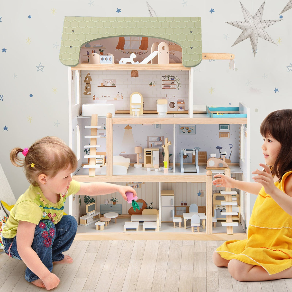 Wooden Dollhouse with 33-Piece Furniture Set and Movable Stairs – Green
