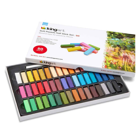 Kingart soft pastel half-stick set with 50 multicolor square sticks in tray and box