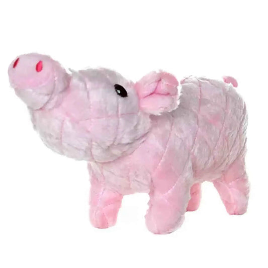 Pink plush lamb toy with black eyes and small pink hooves