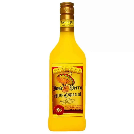 Yellow liquor-bottle squeaky dog toy with Jose el Perro label and gold cap