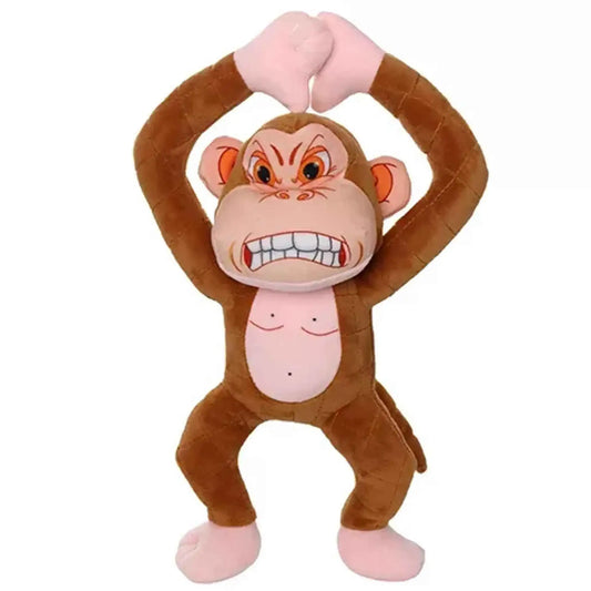 Brown monkey plush toy with angry face, arms raised, and pink hands and feet