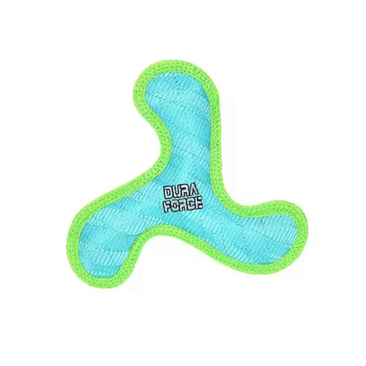Blue-green boomerang dog toy with Dura Force logo on the center