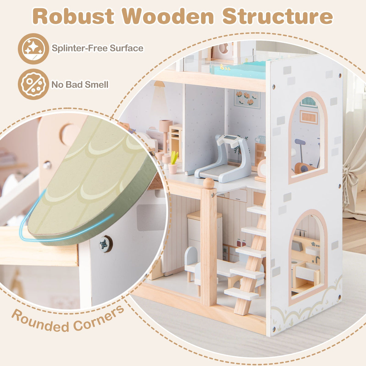 Wooden Dollhouse with 33-Piece Furniture Set and Movable Stairs – Green