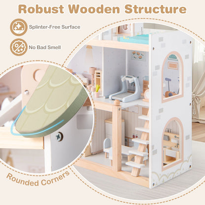 Wooden Dollhouse with 33-Piece Furniture Set and Movable Stairs – Green