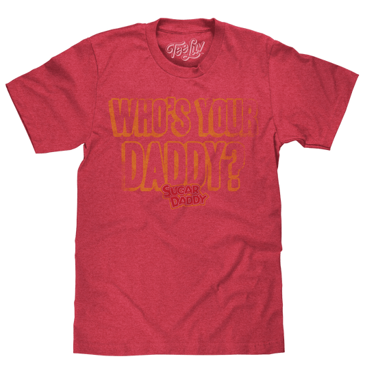 Men's distressed graphic T-shirt in red heather with Who's Your Daddy logo