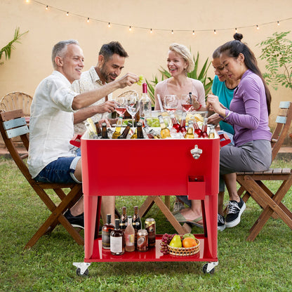 Portable Patio Cooler | 80 Qt | 48-Hour Cold Retention | Wheels, Shelf & Bottle Opener | Gray or Red