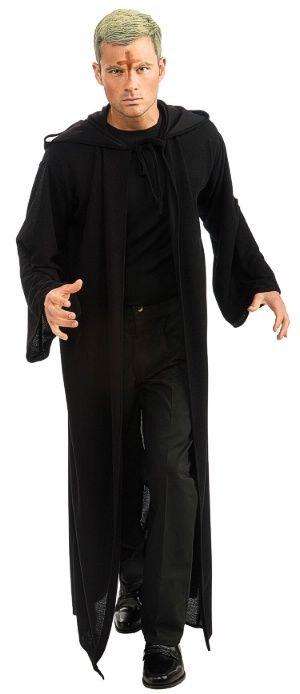 Black hooded priest robe costume, long tunic with loose sleeves and front tie