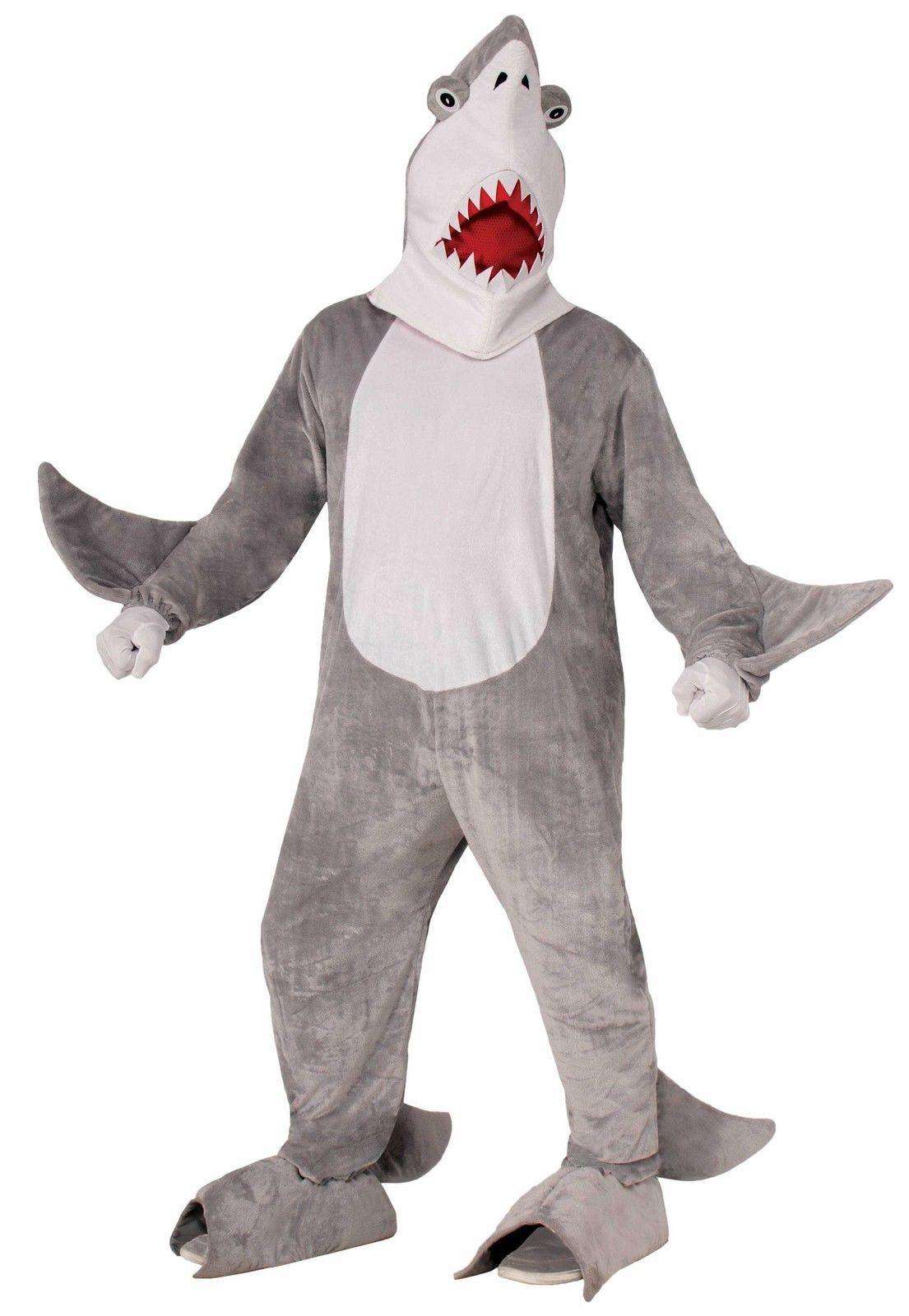 Gray shark adult mascot costume with hood, open-jaw mouth and fin sleeves