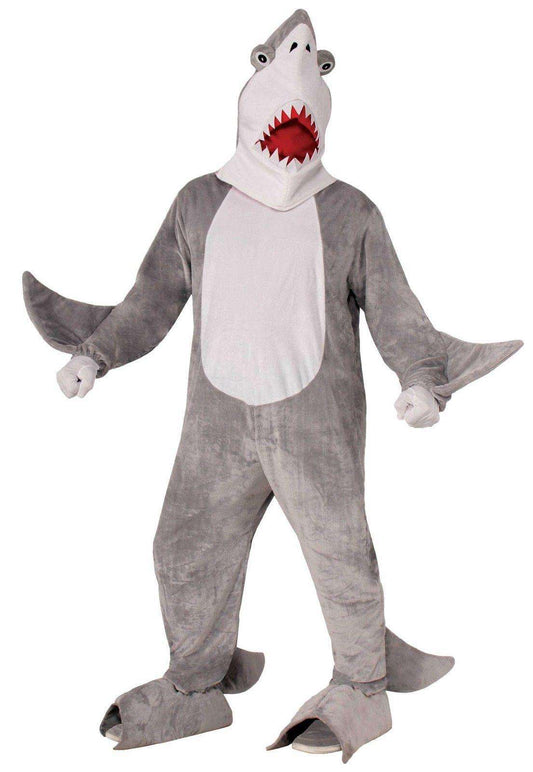 Gray shark adult mascot costume with hood, open-jaw mouth and fin sleeves