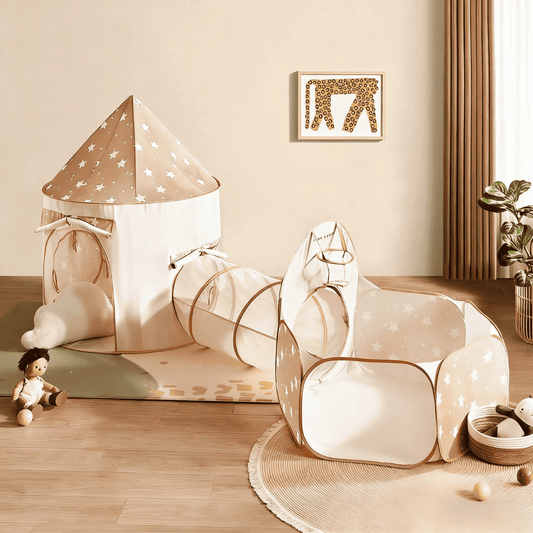 3-in-1 play tunnel, tent and ball pit set in brown and white star fabric