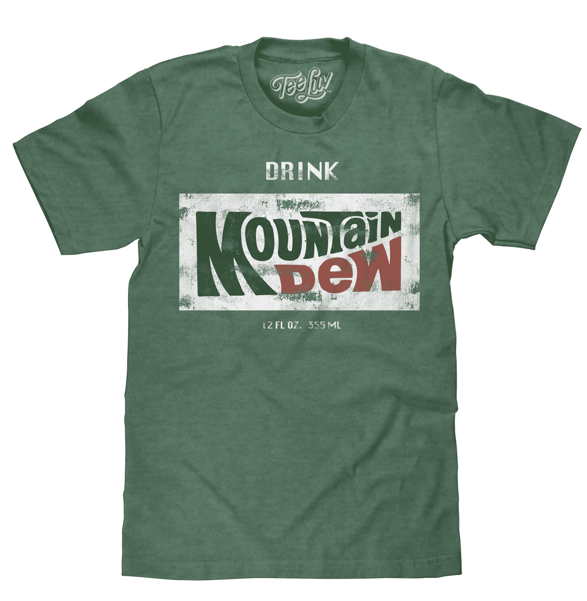 Forest green heather Mountain Dew logo T-shirt with 'DRINK' chest graphic