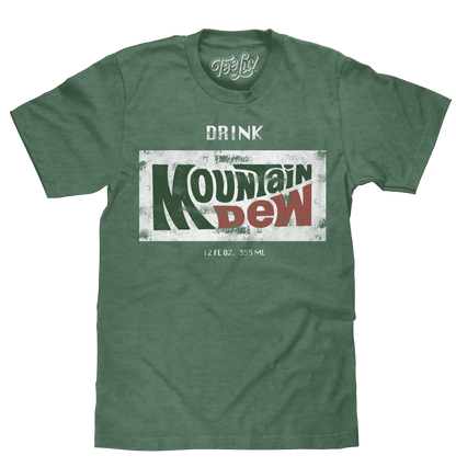 Forest green heather Mountain Dew logo T-shirt with 'DRINK' chest graphic