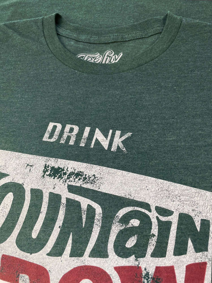 Forest green heather T-shirt collar and 'DRINK' Mountain Dew logo print close-up