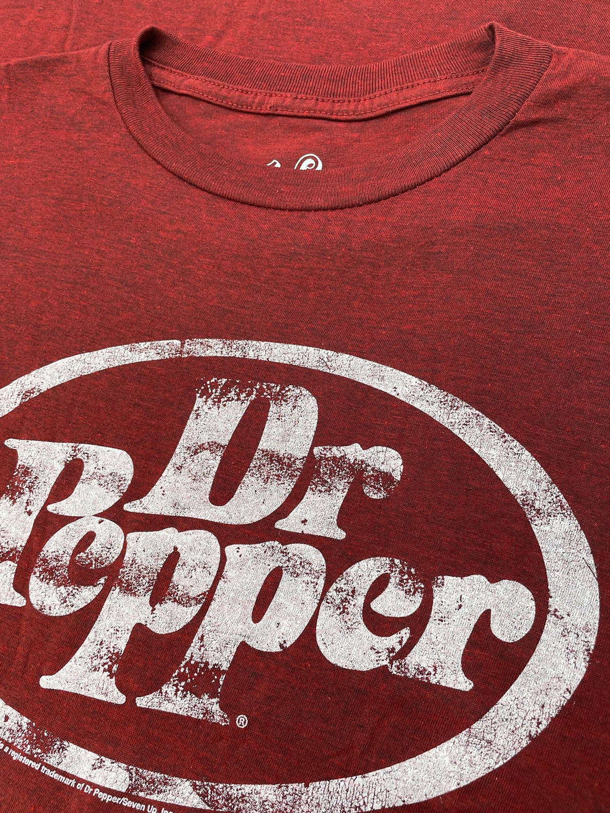 Red T-shirt with large distressed Dr Pepper oval logo print
