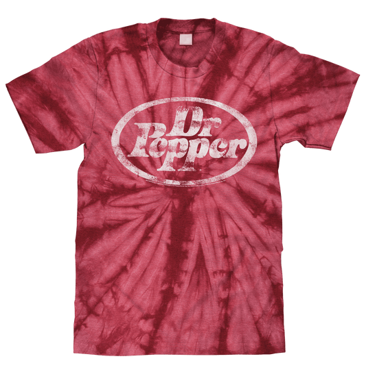 Crimson red tie-dye T-shirt with Dr Pepper oval logo
