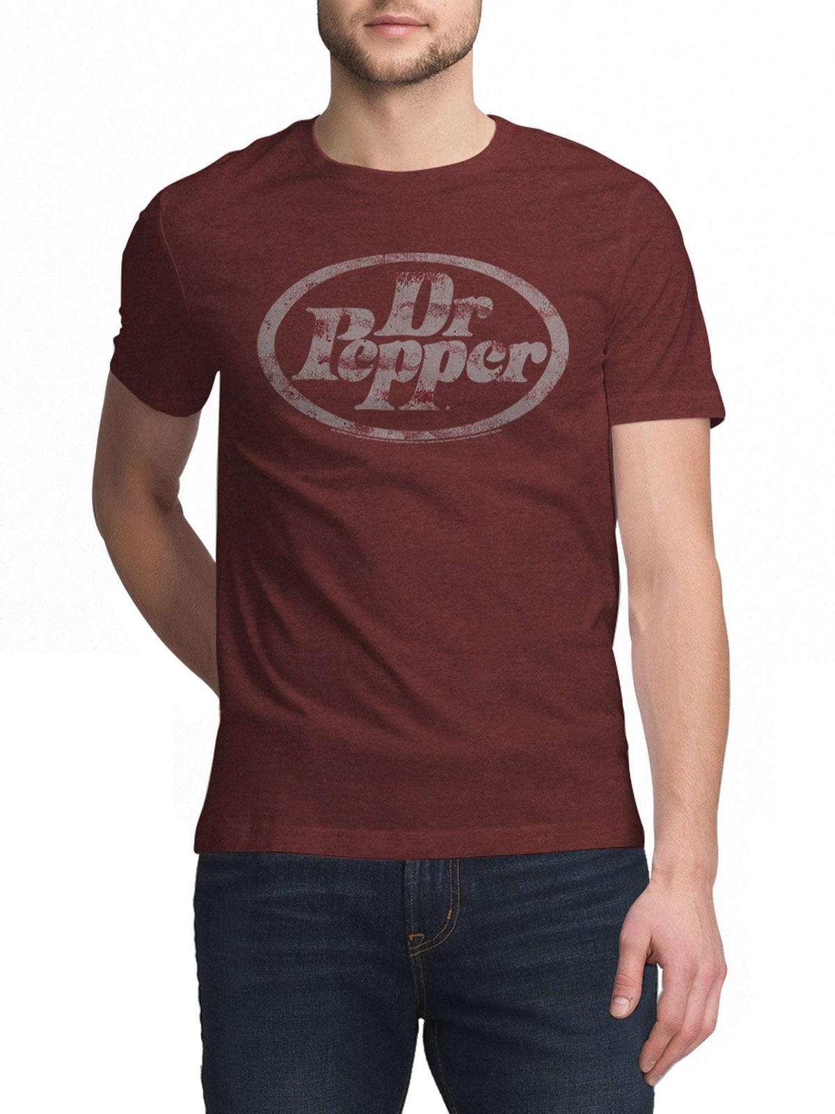 Red Dr Pepper logo T-shirt on model, crew neck and short sleeves