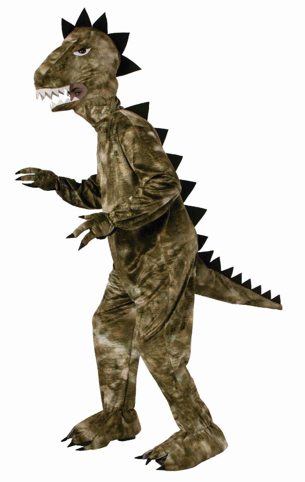 Dinosaur adult mascot costume in dark green fabric with open-mouthed head and spikes