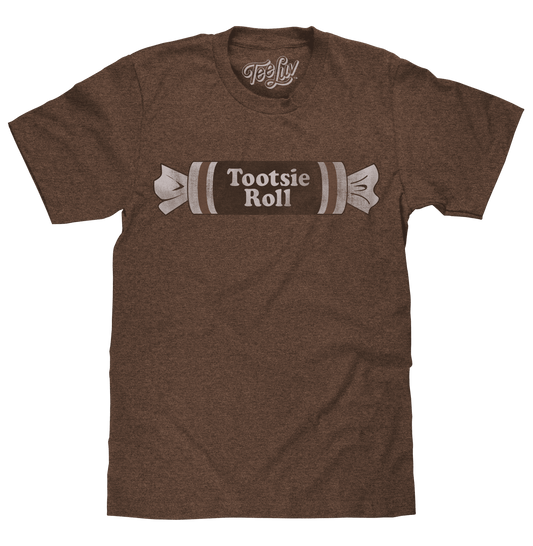 Brown heather T-shirt with distressed Tootsie Roll graphic on chest