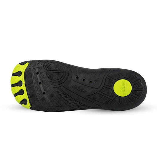 Black water shoe outsole with tread pattern and lime rubber toe bumper