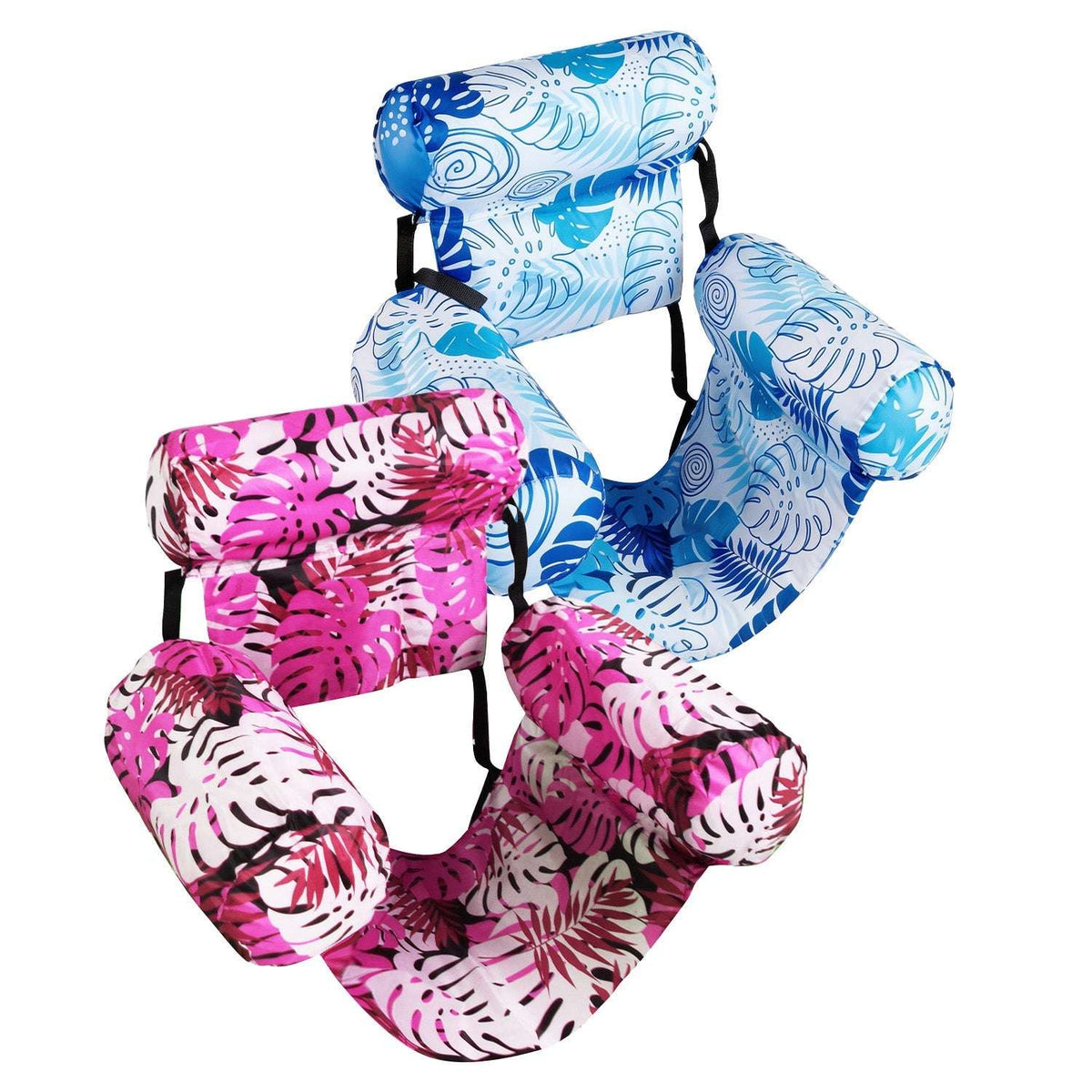 Pair of U-shaped inflatable pool hammock floats with blue and pink tropical patterns